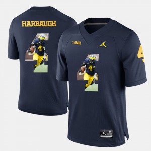 Michigan #4 For Men Jim Harbaugh Jersey Navy Blue Player Pictorial University 935639-983